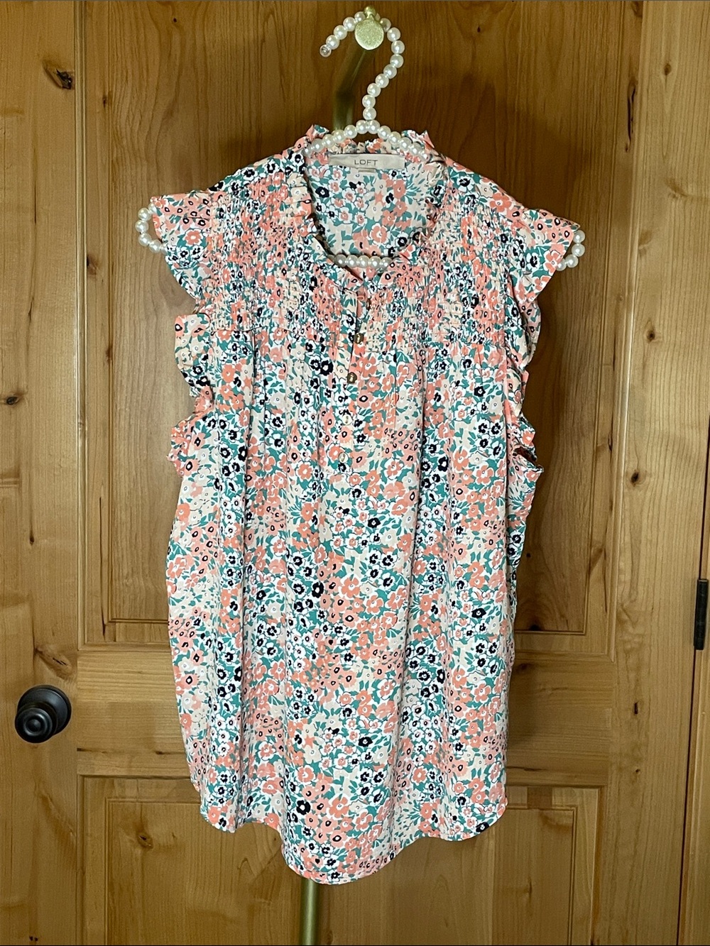LOFT Coral and Teal Floral Cap-Sleeve Chiffon Blouse Size S